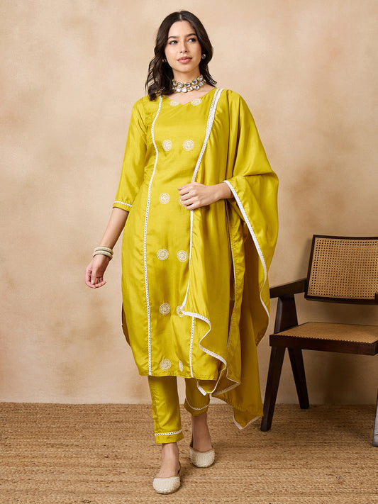 Dhiyona RV Women's Sequin Embroidery Straight Side Slit Kurta Set With Dupatta