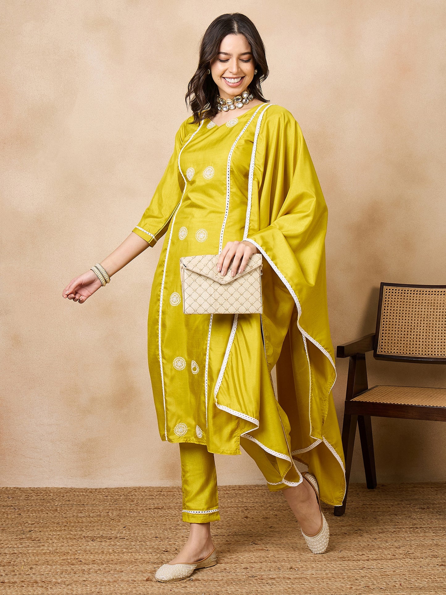 Dhiyona RV Women's Sequin Embroidery Straight Side Slit Kurta Set With Dupatta