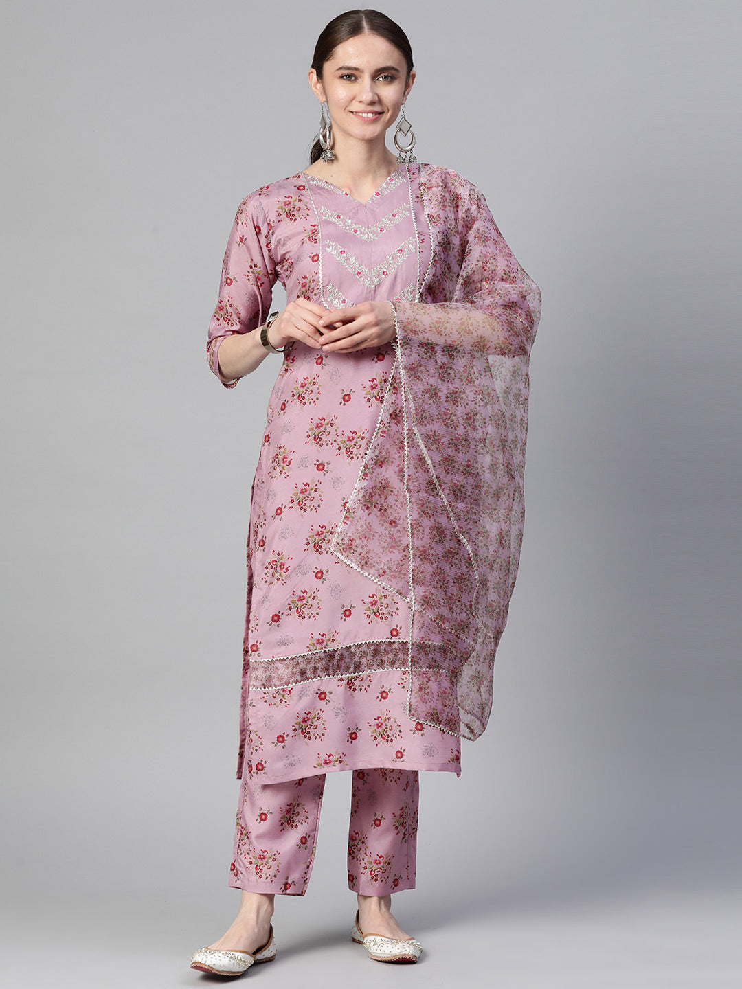 Dhiyona RV Women's Silk Chiffon Embroidered Kurta Set With Digital Dupatta