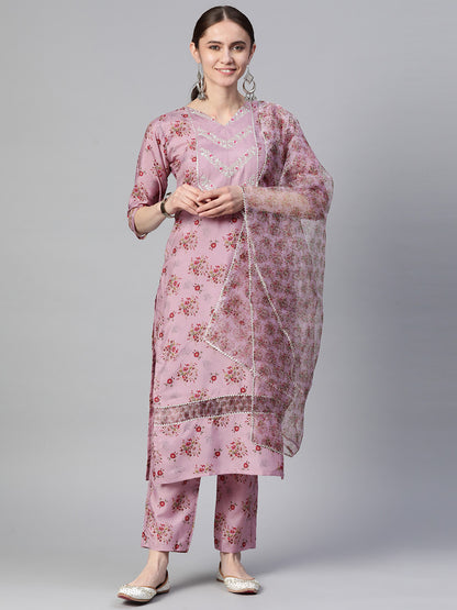 Dhiyona RV Women's Silk Chiffon Embroidered Kurta Set With Digital Dupatta