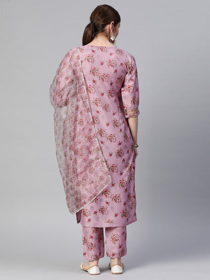 Dhiyona RV Women's Silk Chiffon Embroidered Kurta Set With Digital Dupatta