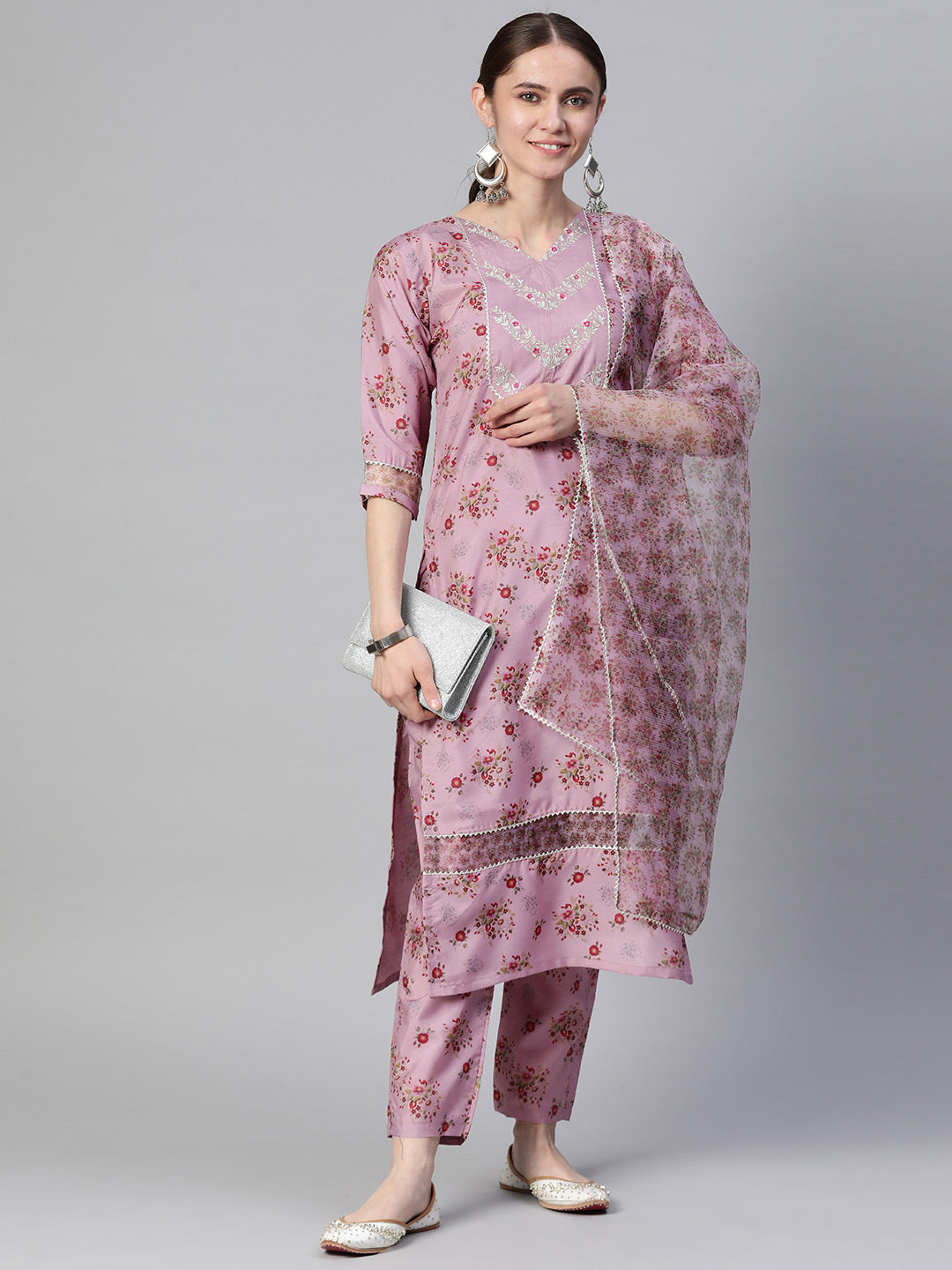 Dhiyona RV Women's Silk Chiffon Embroidered Kurta Set With Digital Dupatta