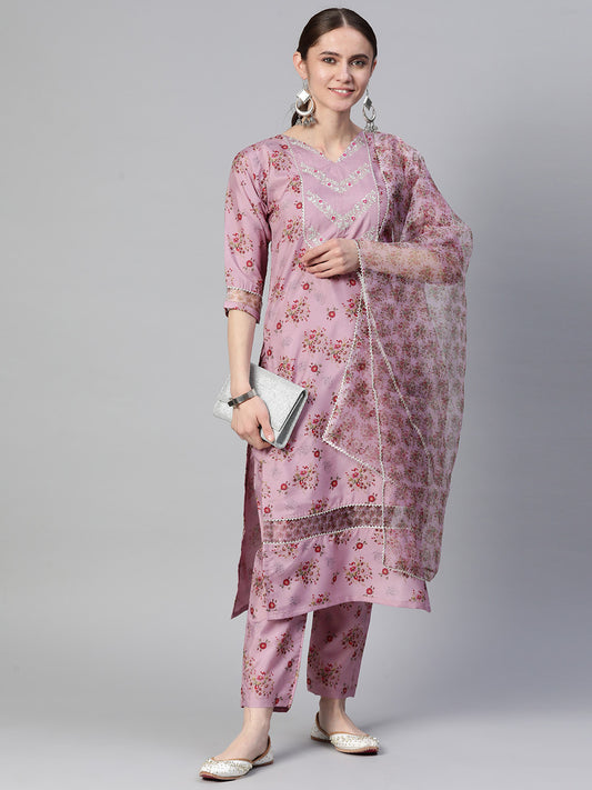 Dhiyona RV Women's Silk Chiffon Embroidered Kurta Set With Digital Dupatta