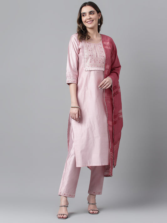 Dhiyona RV Women's Art Silk Fabric Embroidered Kurta Set With Dupatta