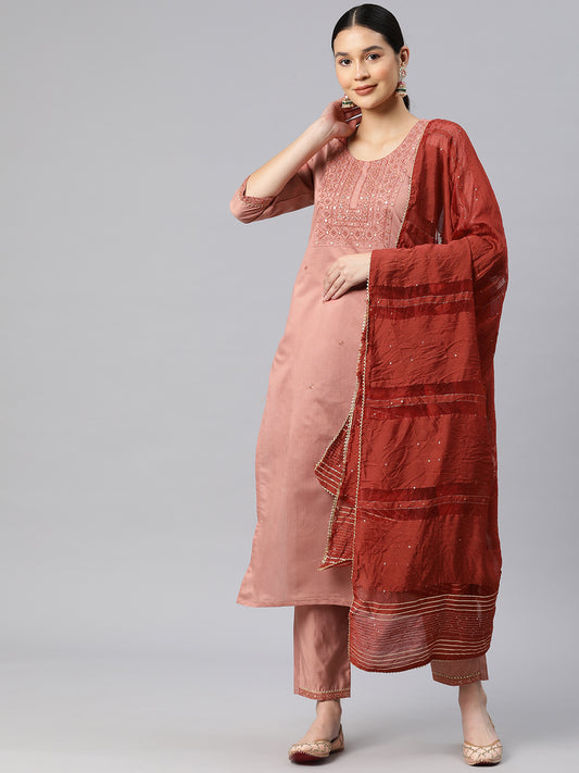 Dhiyona RV Women's Art Silk Fabric Embroidered Kurta Set With Dupatta