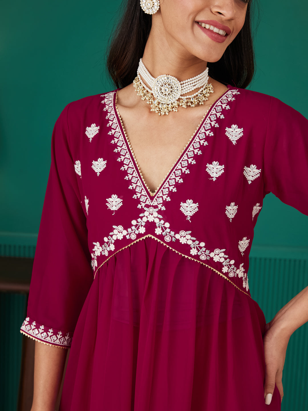 Dhiyona RV Women's Faux Georgette Fabric  Embroidered Kurta Set With Dupatta
