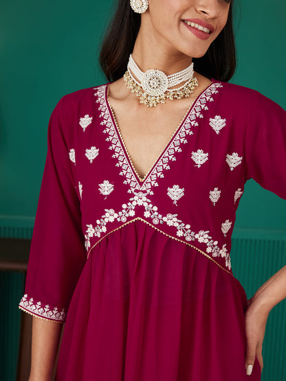Dhiyona RV Women's Faux Georgette Fabric  Embroidered Kurta Set With Dupatta