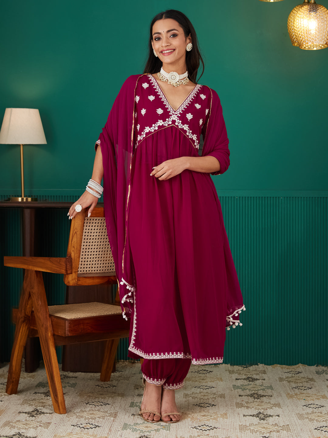 Dhiyona RV Women's Faux Georgette Fabric  Embroidered Kurta Set With Dupatta