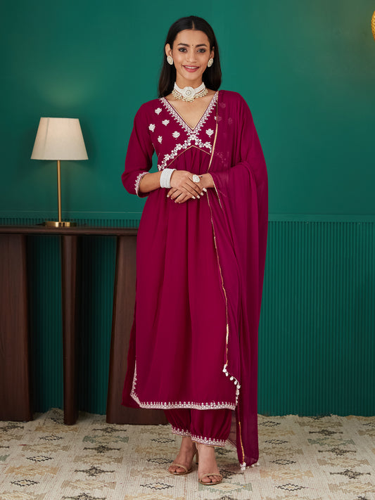 Dhiyona RV Women's Faux Georgette Fabric  Embroidered Kurta Set With Dupatta
