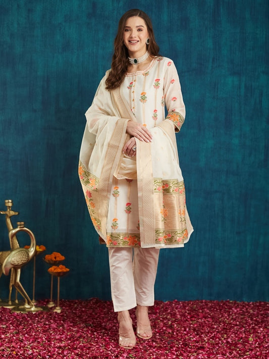 Dhiyona RV Women's Cotton Chanderi Fabric Jacquard Print Kurta Set With Dupatta