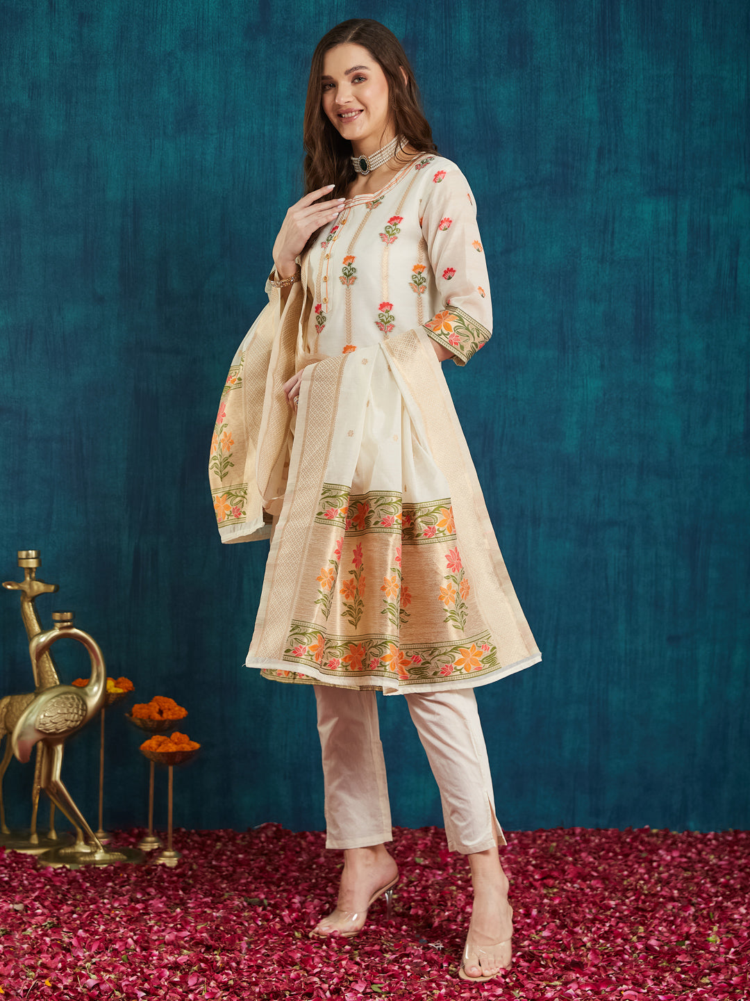 Dhiyona RV Women's Cotton Chanderi Fabric Jacquard Print Kurta Set With Dupatta