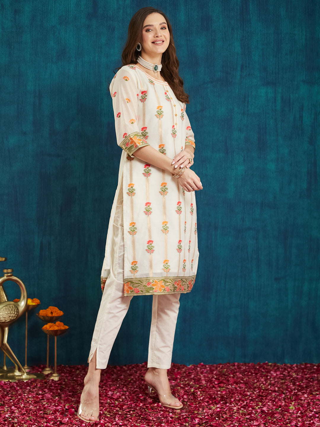 Dhiyona RV Women's Cotton Chanderi Fabric Jacquard Print Kurta Set With Dupatta