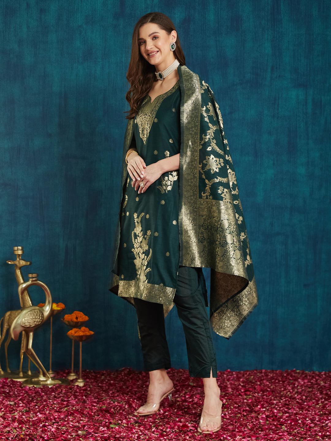Dhiyona RV Women's jacquard Fabric jacquard Print Kurta Set With Dupatta