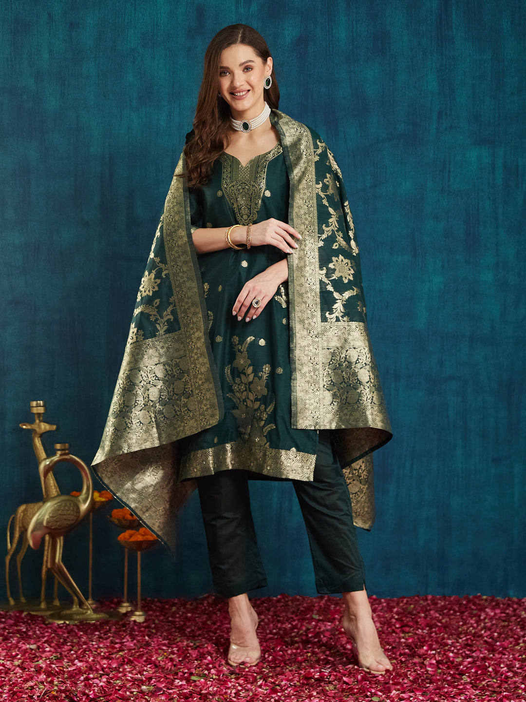 Dhiyona RV Women's jacquard Fabric jacquard Print Kurta Set With Dupatta