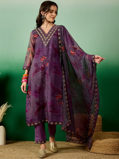 Dhiyona RV Women's Organza fabric Digital Print V Neck Kurta Set With Dupatta