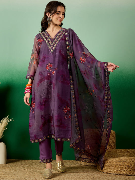 Dhiyona RV Women's Organza fabric Digital Print V Neck Kurta Set With Dupatta