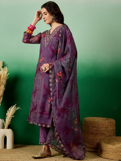Dhiyona RV Women's Organza fabric Digital Print V Neck Kurta Set With Dupatta