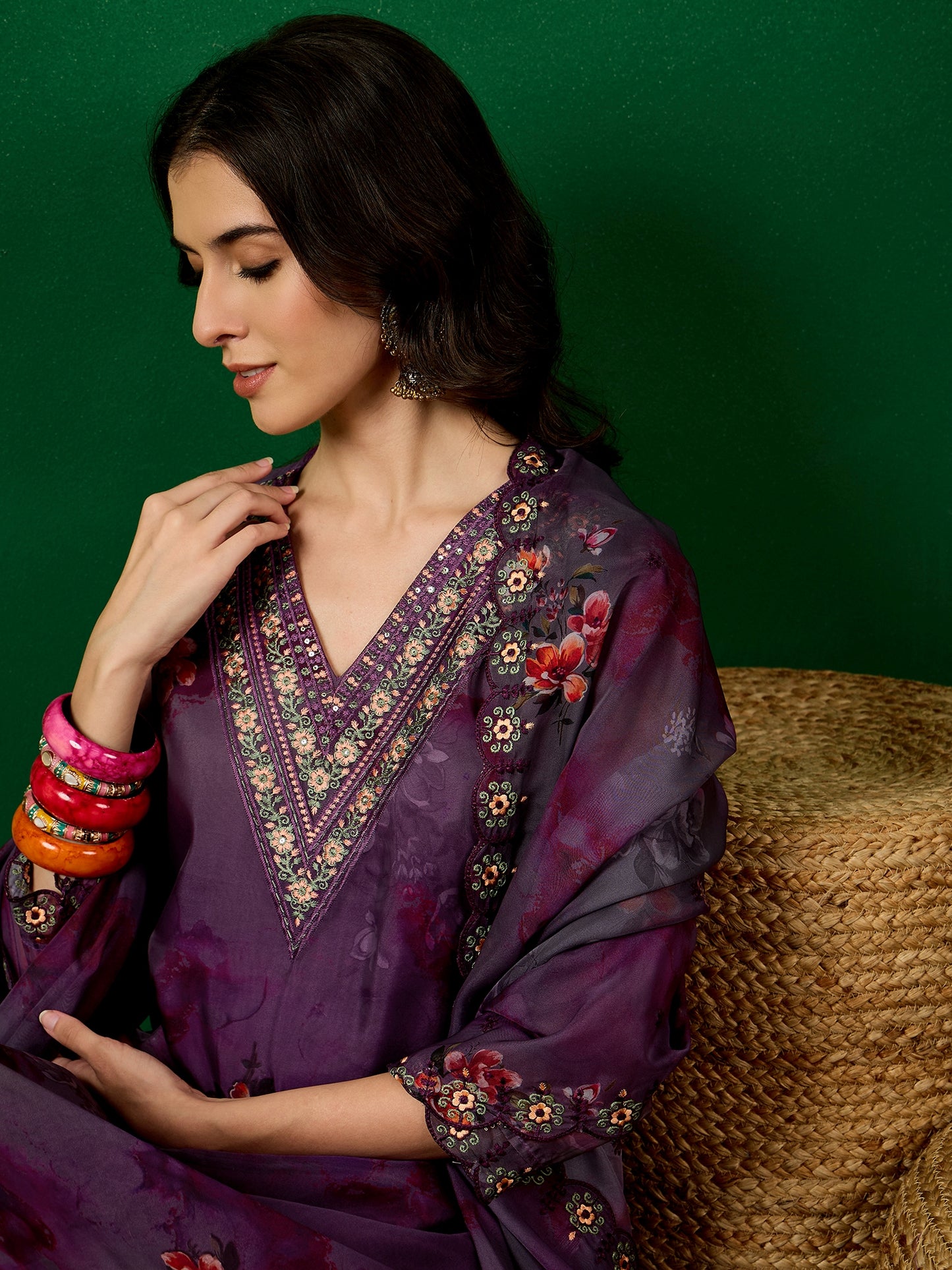 Dhiyona RV Women's Organza fabric Digital Print V Neck Kurta Set With Dupatta
