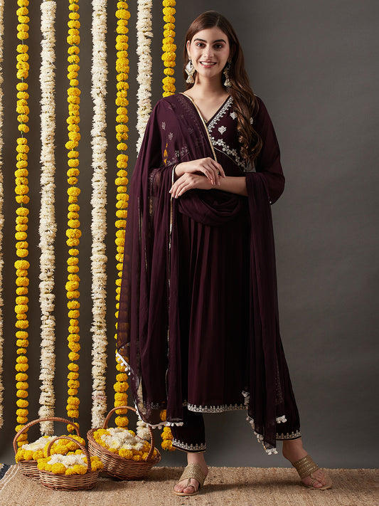 Dhiyona RV Women's Faux Georgette Fabric  Embroidered Kurta Set With Dupatta