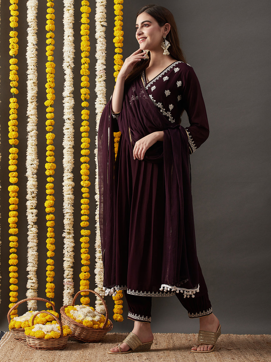Dhiyona RV Women's Faux Georgette Fabric  Embroidered Kurta Set With Dupatta