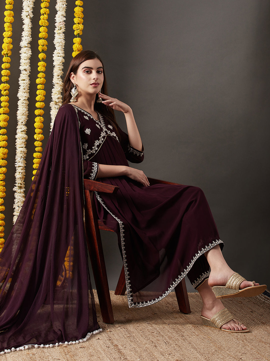 Dhiyona RV Women's Faux Georgette Fabric  Embroidered Kurta Set With Dupatta