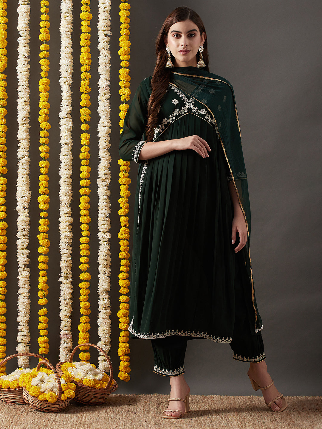 Dhiyona RV Women's Faux Georgette Fabric  Embroidered Kurta Set With Dupatta