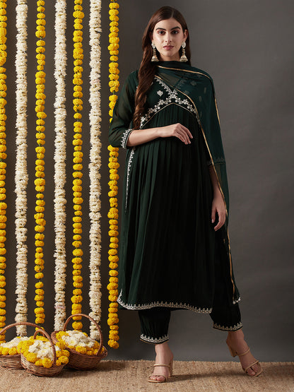 Dhiyona RV Women's Faux Georgette Fabric  Embroidered Kurta Set With Dupatta