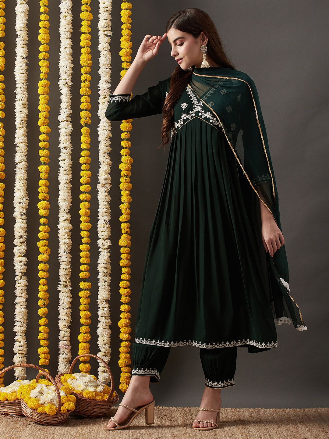 Dhiyona RV Women's Faux Georgette Fabric  Embroidered Kurta Set With Dupatta
