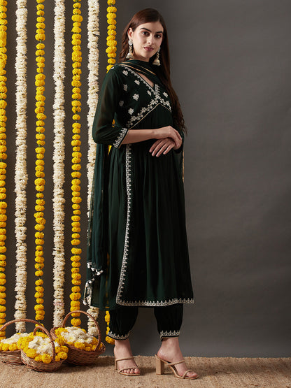 Dhiyona RV Women's Faux Georgette Fabric  Embroidered Kurta Set With Dupatta