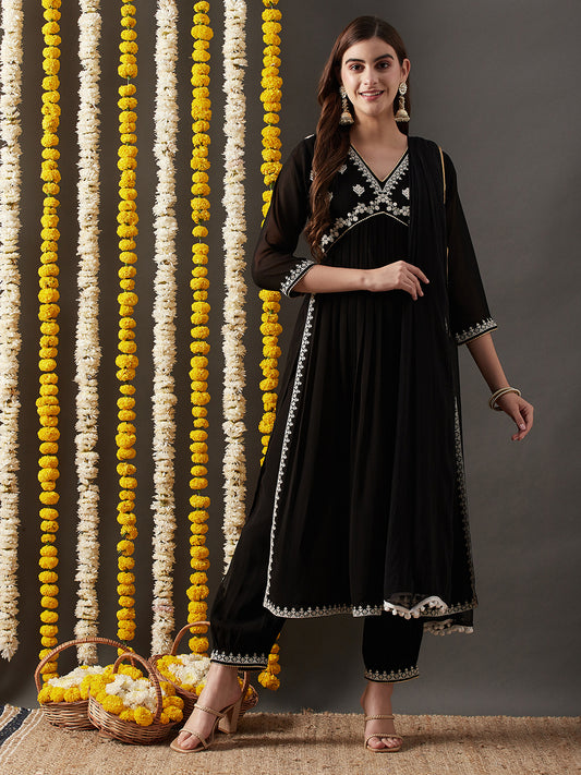 Dhiyona RV Women's Faux Georgette Fabric  Embroidered Kurta Set With Dupatta