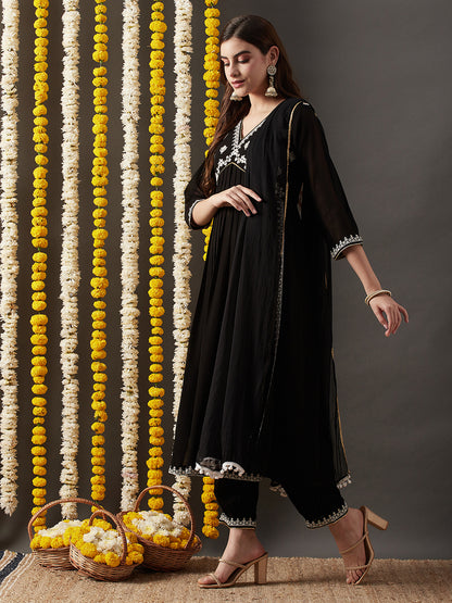 Dhiyona RV Women's Faux Georgette Fabric  Embroidered Kurta Set With Dupatta