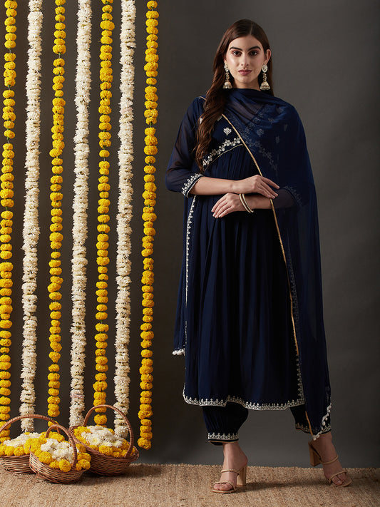 Dhiyona RV Women's Faux Georgette Fabric  Embroidered Kurta Set With Dupatta