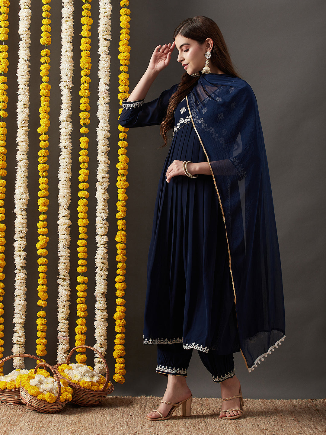 Dhiyona RV Women's Faux Georgette Fabric  Embroidered Kurta Set With Dupatta