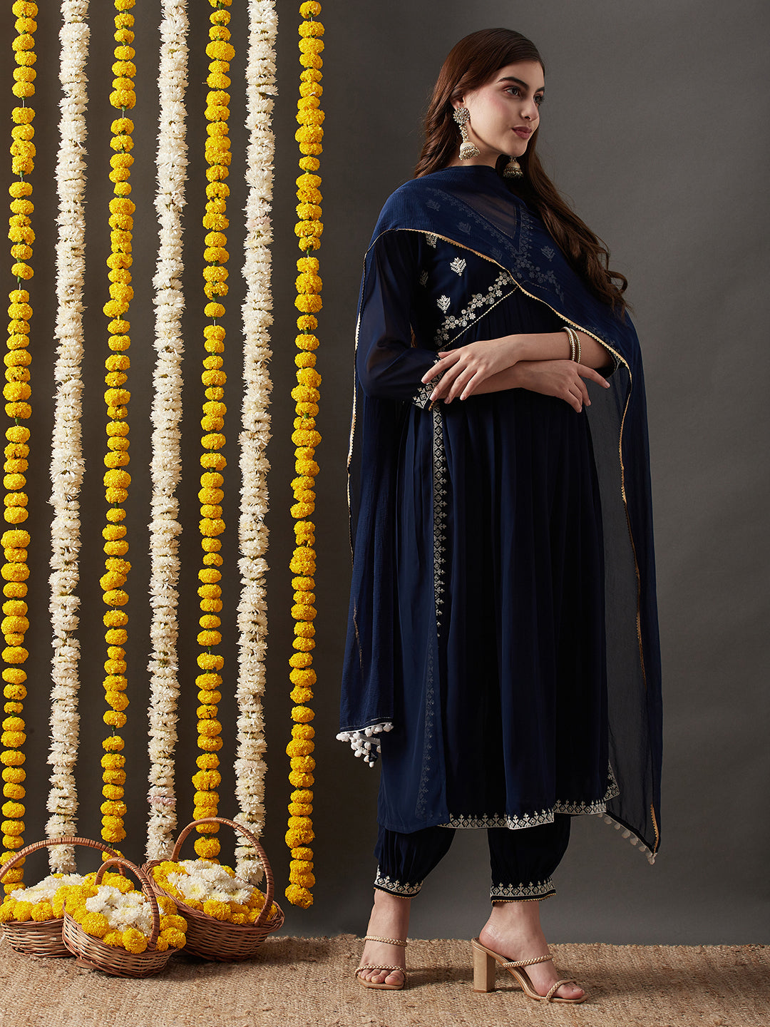 Dhiyona RV Women's Faux Georgette Fabric  Embroidered Kurta Set With Dupatta