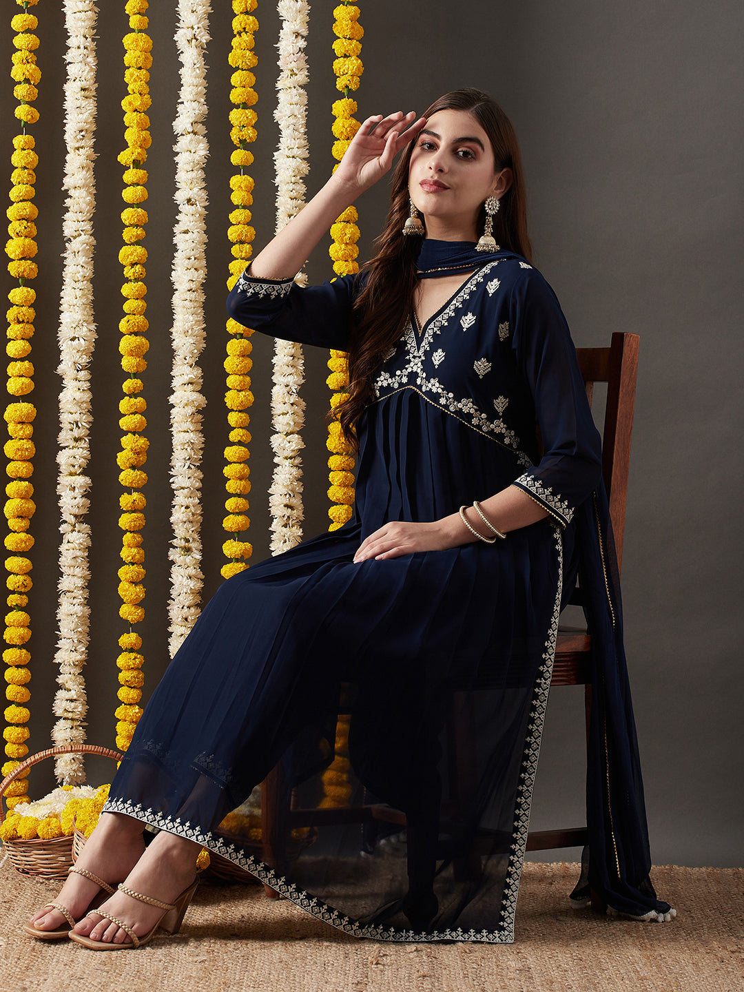 Dhiyona RV Women's Faux Georgette Fabric  Embroidered Kurta Set With Dupatta