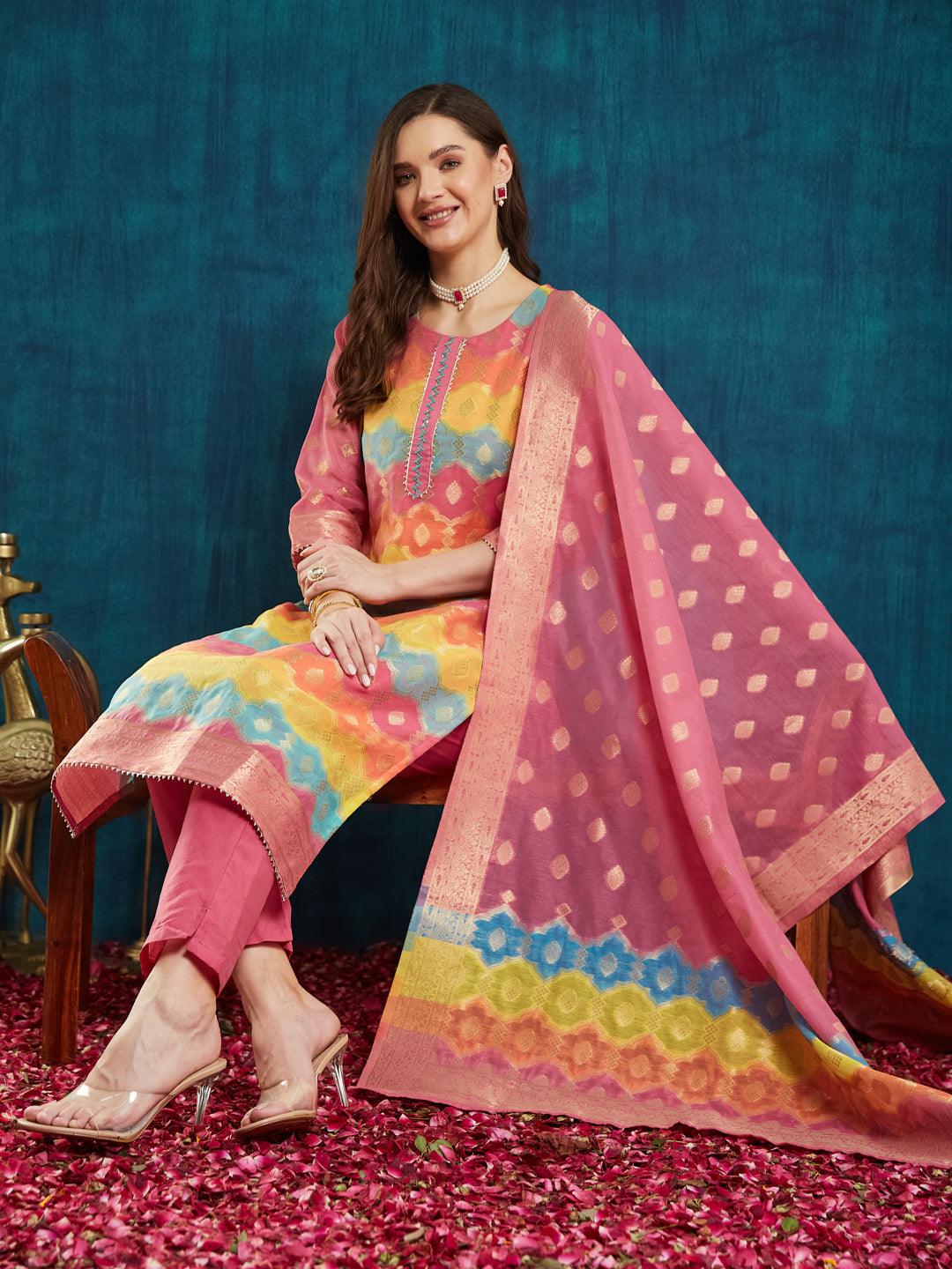 Dhiyona RV Women's Cotton Chanderi Fabric Jacquard  Kurta Set With Jacquard Print Dupatta