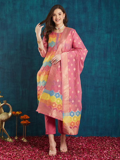 Dhiyona RV Women's Cotton Chanderi Fabric Jacquard  Kurta Set With Jacquard Print Dupatta