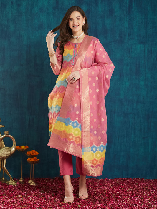 Dhiyona RV Women's Cotton Chanderi Fabric Jacquard  Kurta Set With Jacquard Print Dupatta