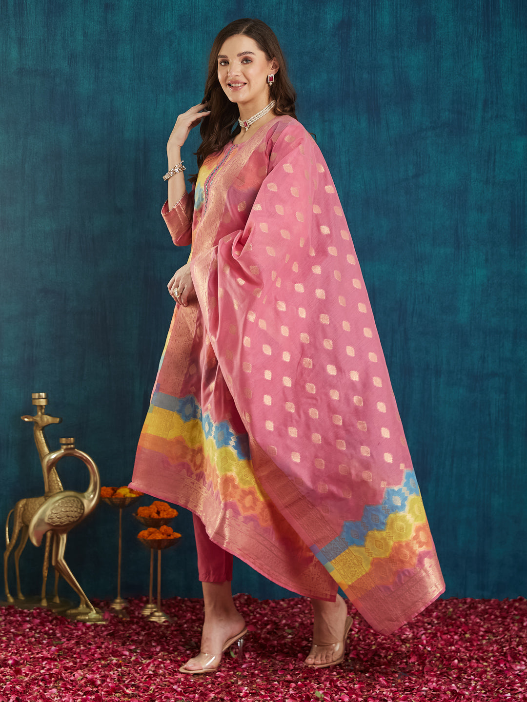 Dhiyona RV Women's Cotton Chanderi Fabric Jacquard  Kurta Set With Jacquard Print Dupatta