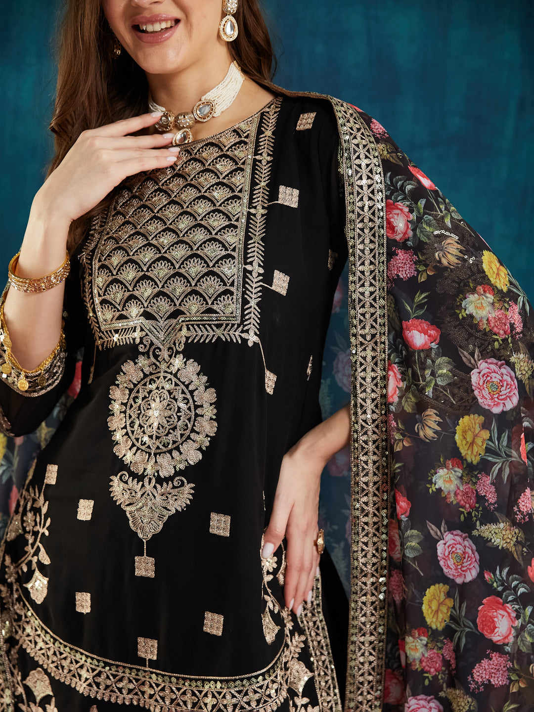 Dhiyona RV Women's Faux Georgette Fabric Zari Sequence embroidery Work Kurtaset With Dupatta