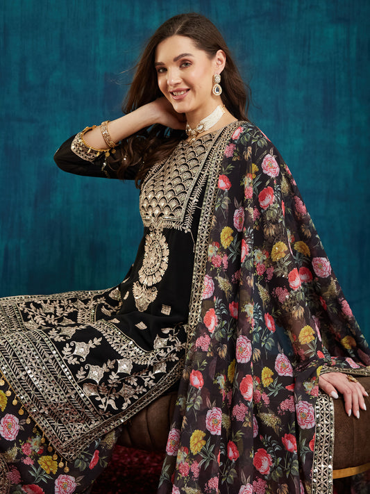 Dhiyona RV Women's Faux Georgette Fabric Zari Sequence embroidery Work Kurtaset With Dupatta