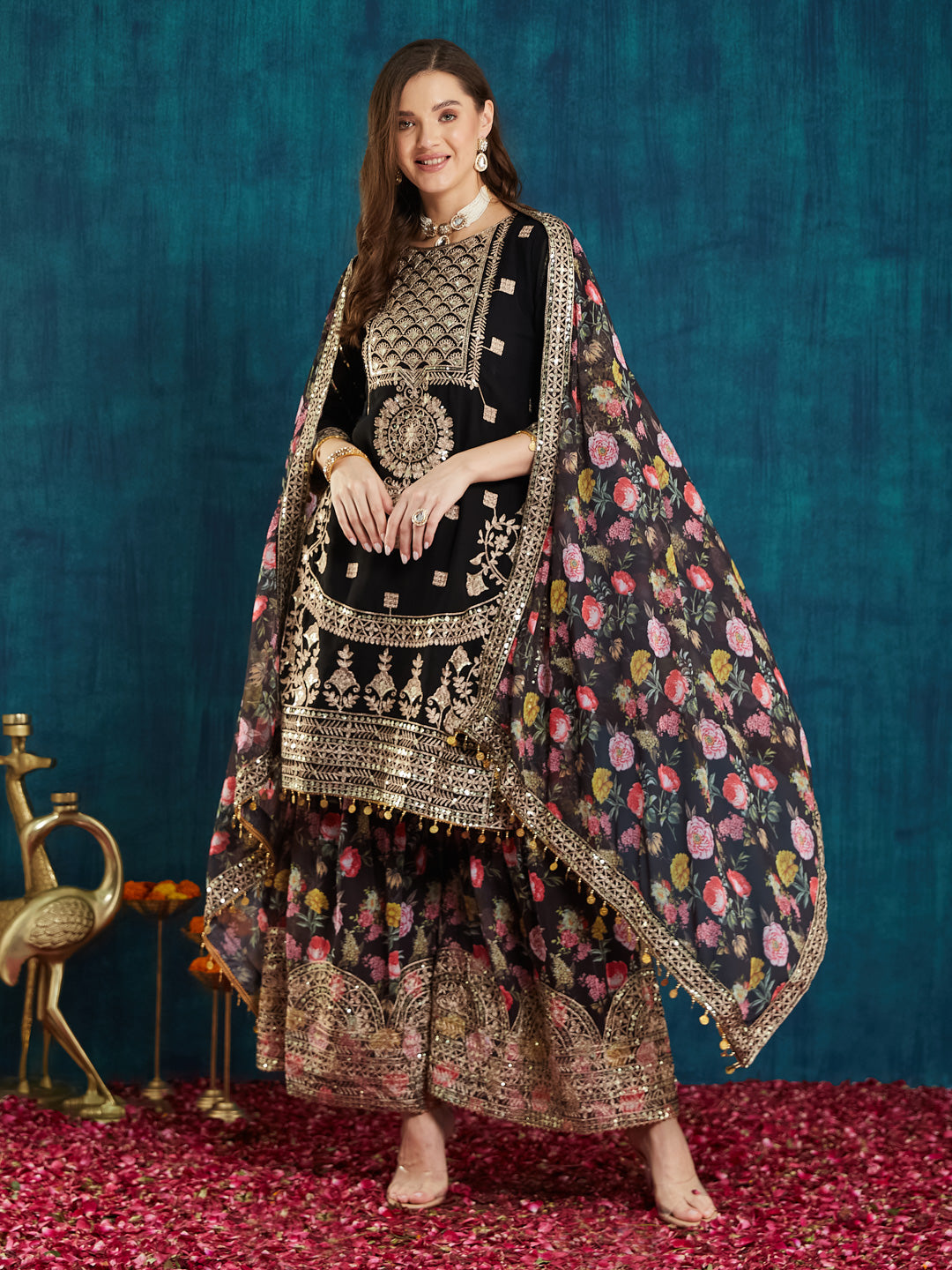 Dhiyona RV Women's Faux Georgette Fabric Zari Sequence embroidery Work Kurtaset With Dupatta