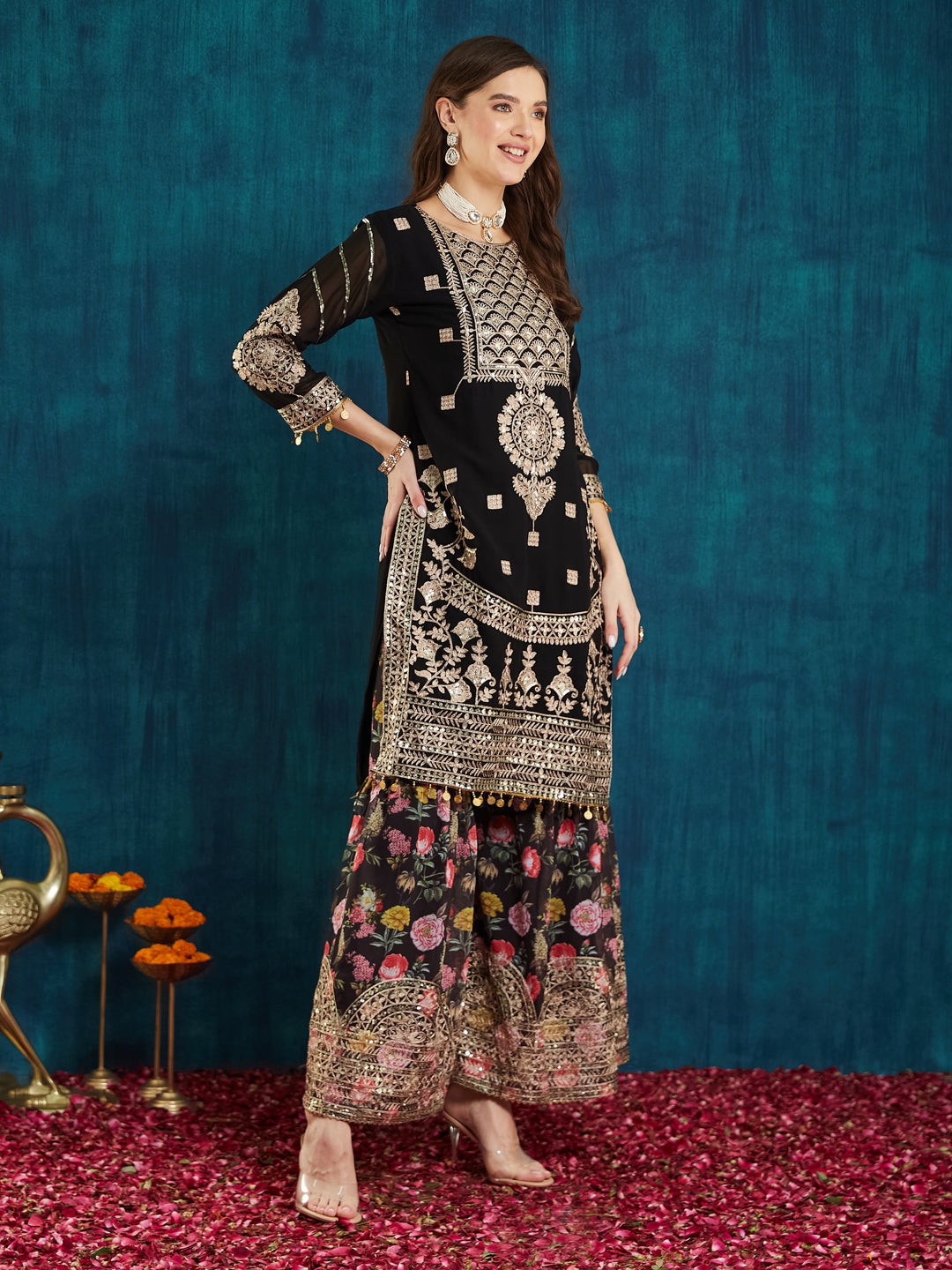 Dhiyona RV Women's Faux Georgette Fabric Zari Sequence embroidery Work Kurtaset With Dupatta