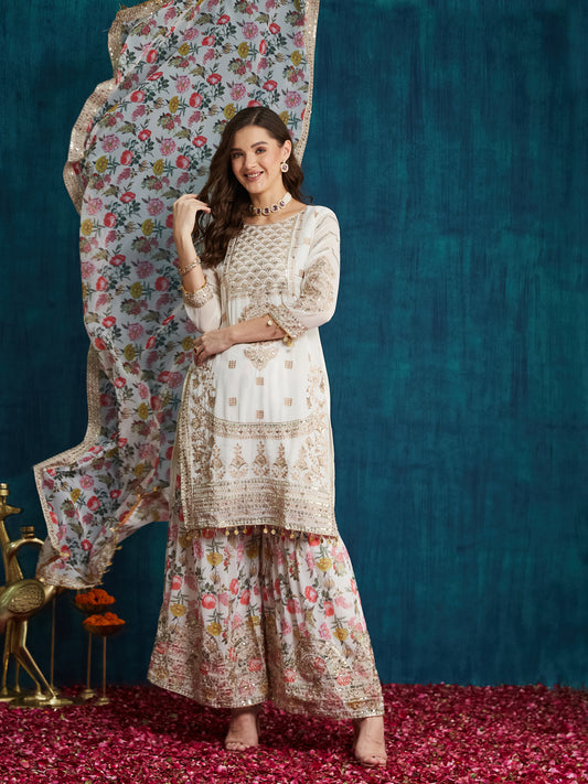 Dhiyona RV Women's Faux Georgette Fabric Zari Sequence embroidery Work Kurtaset With Dupatta