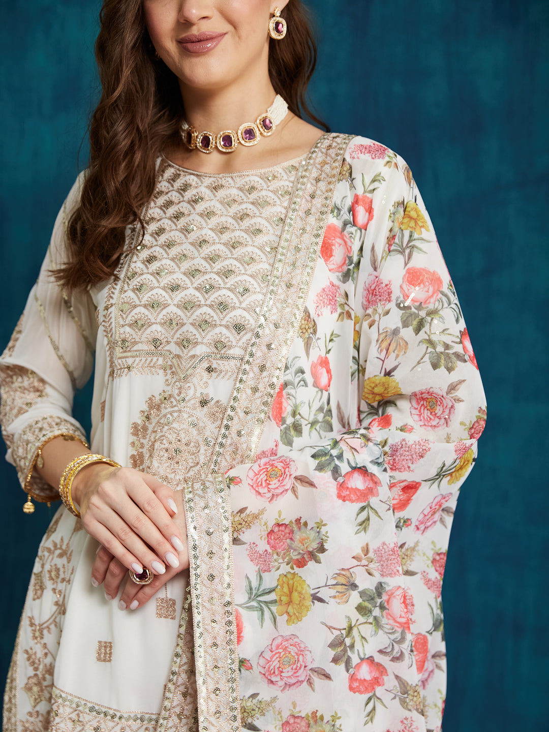 Dhiyona RV Women's Faux Georgette Fabric Zari Sequence embroidery Work Kurtaset With Dupatta