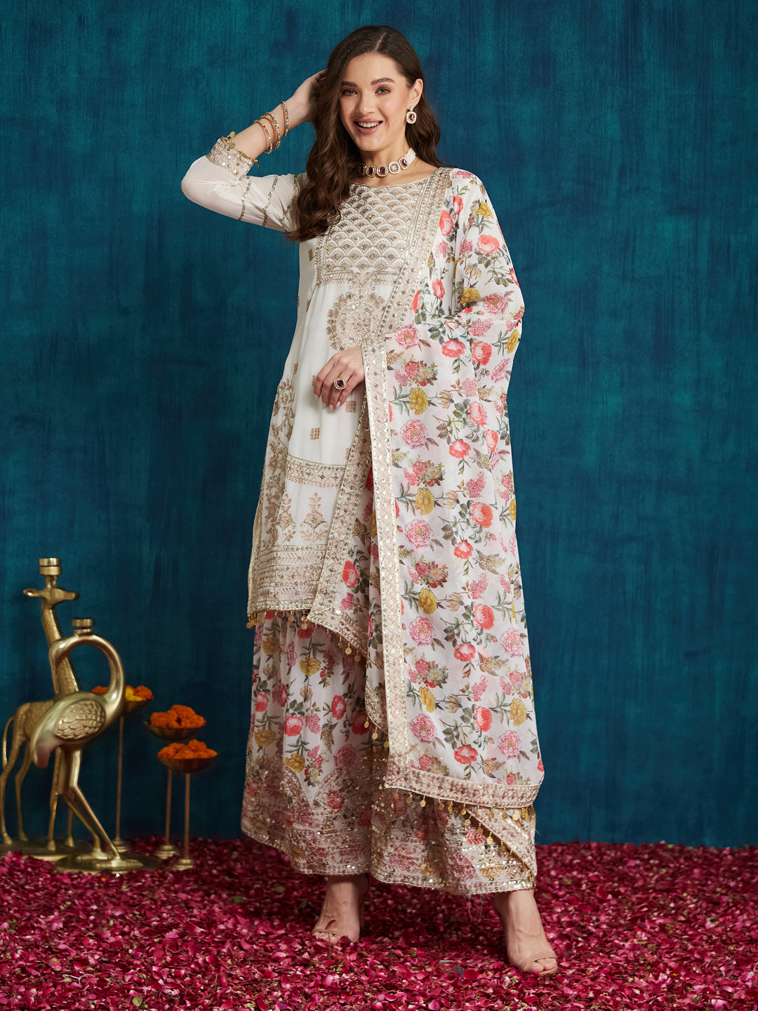 Dhiyona RV Women's Faux Georgette Fabric Zari Sequence embroidery Work Kurtaset With Dupatta