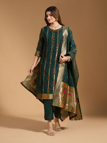 Dhiyona RV Women's Cotton Chanderi Fabric Jacquard Print Kurta Set With Dupatta