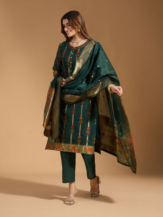 Dhiyona RV Women's Cotton Chanderi Fabric Jacquard Print Kurta Set With Dupatta