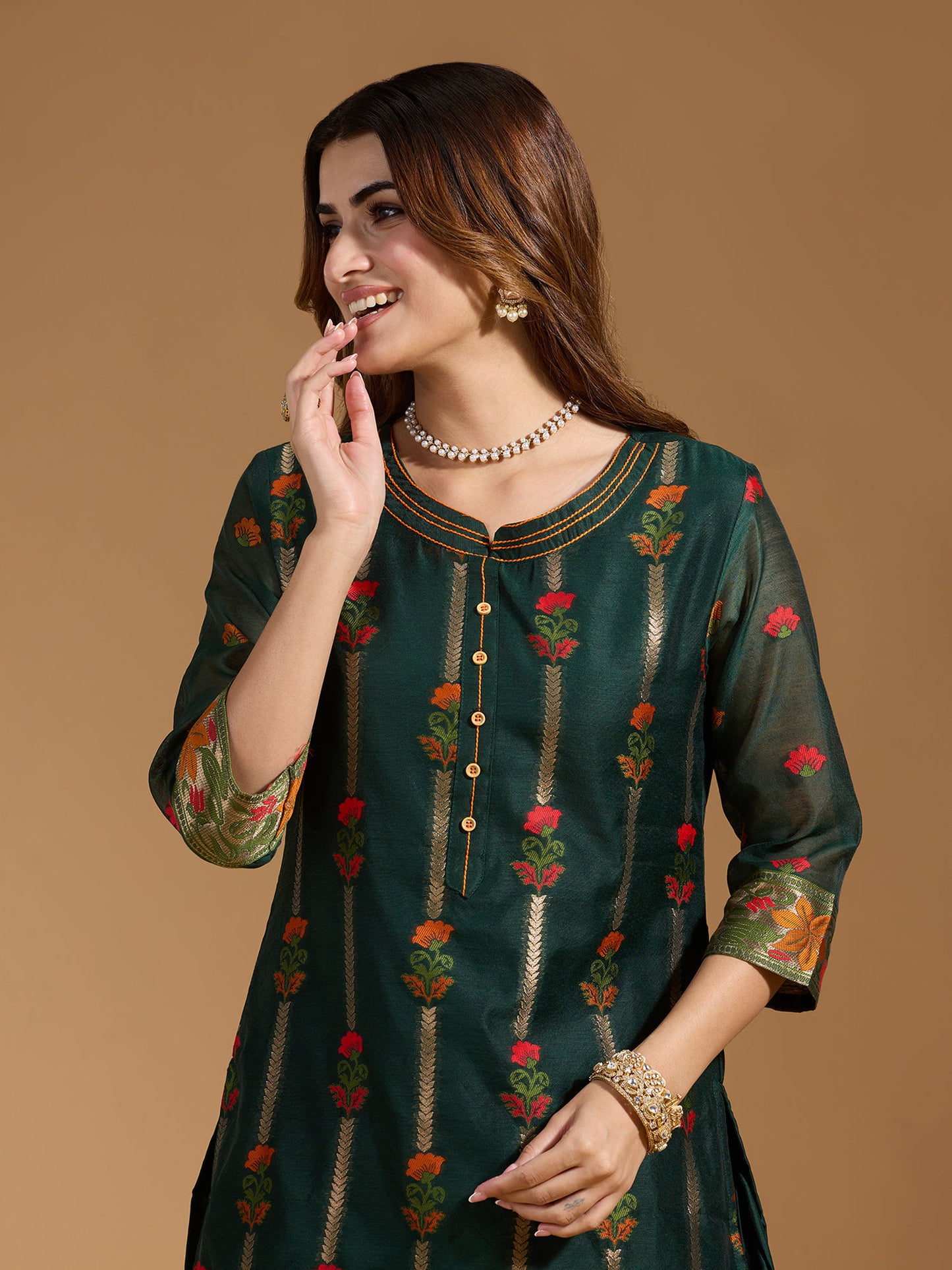 Dhiyona RV Women's Cotton Chanderi Fabric Jacquard Print Kurta Set With Dupatta