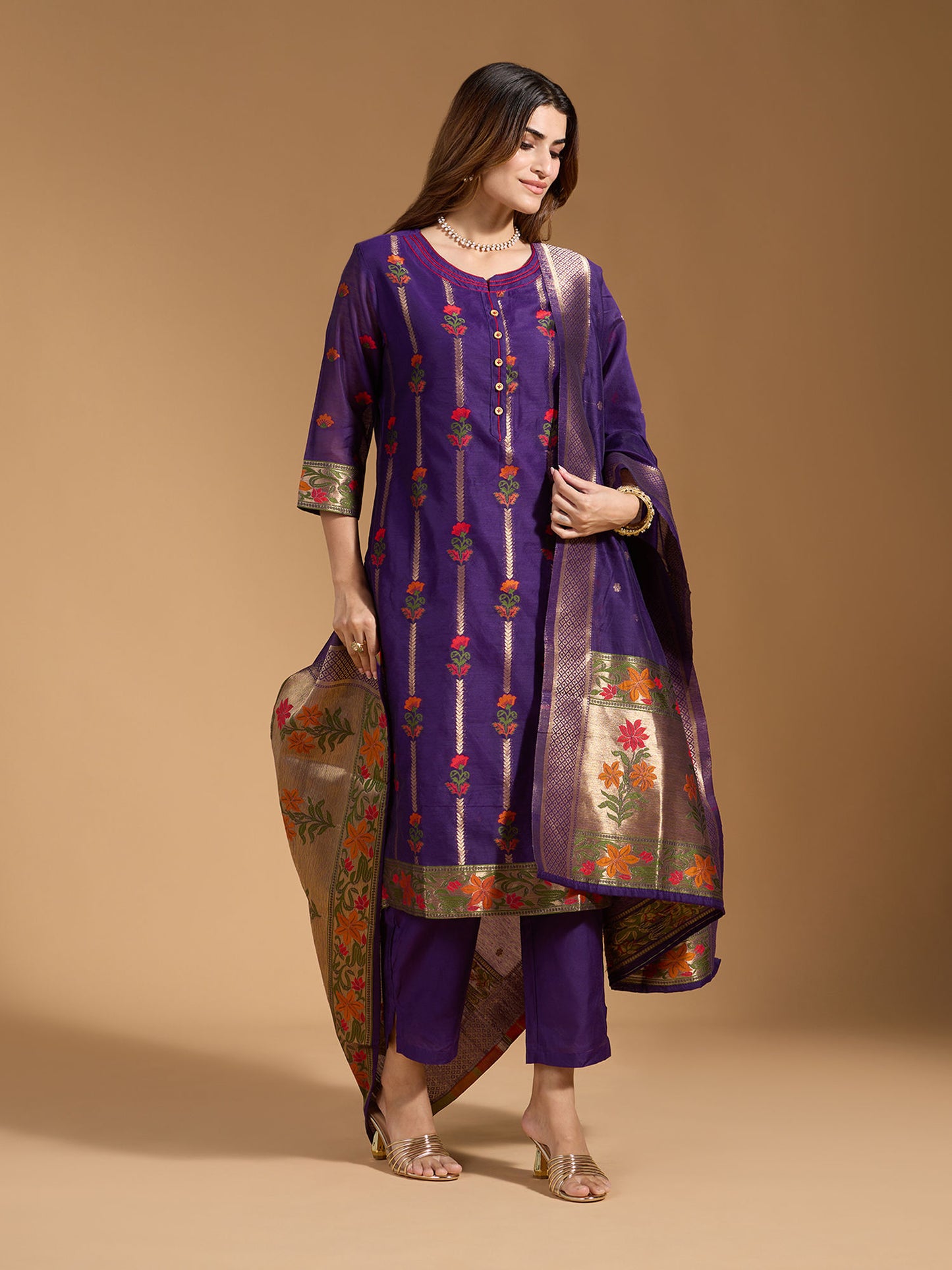 Dhiyona RV Women's Cotton Chanderi Fabric Jacquard Print Kurta Set With Dupatta